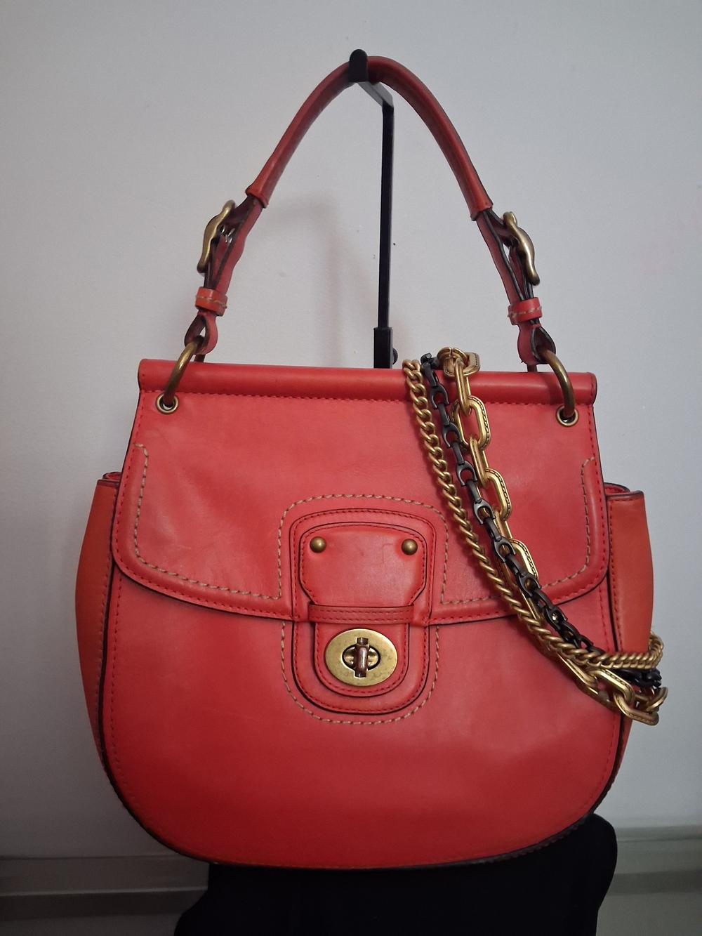 Coach Coral Leather Shoulder Bag with Gold Chain Accents